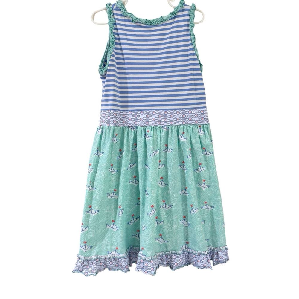Serendipity Shrimp & Grits Girls 7-8 Dress Blue Green Stripe Sailboat Nautical - Picture 6 of 9